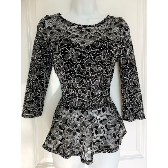 Black Lace Silver Peplum Top Size Small - Picture 6 of 7
